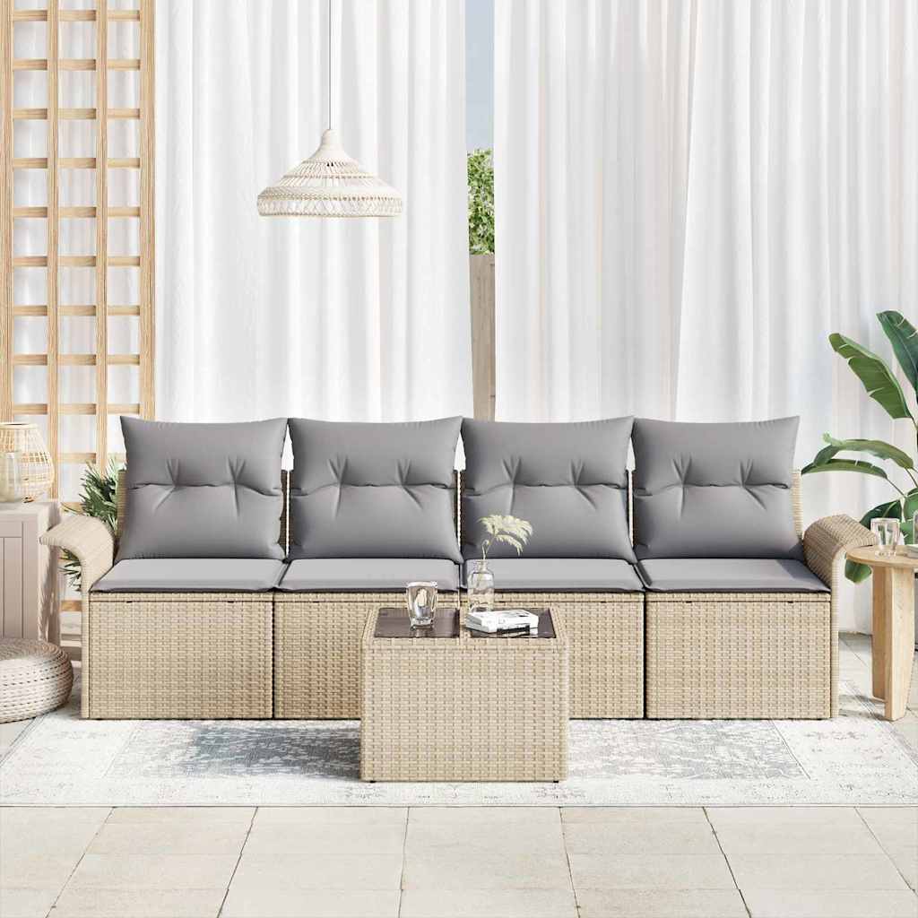 vidaXL 5-delige tuinset met kussens in beige poly rattan