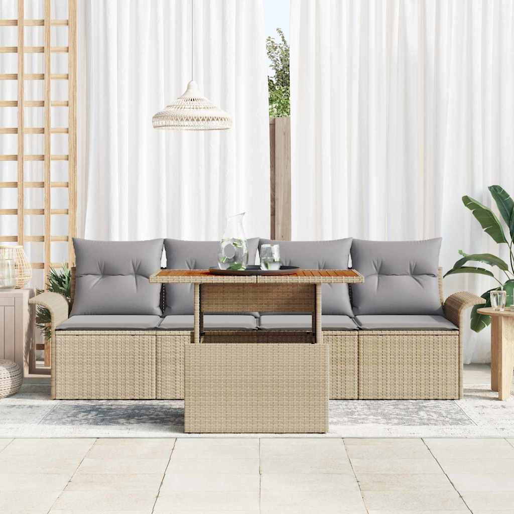 vidaXL 5-delige tuinsofacombinatie met kussens van beige poly rattan en acacia.