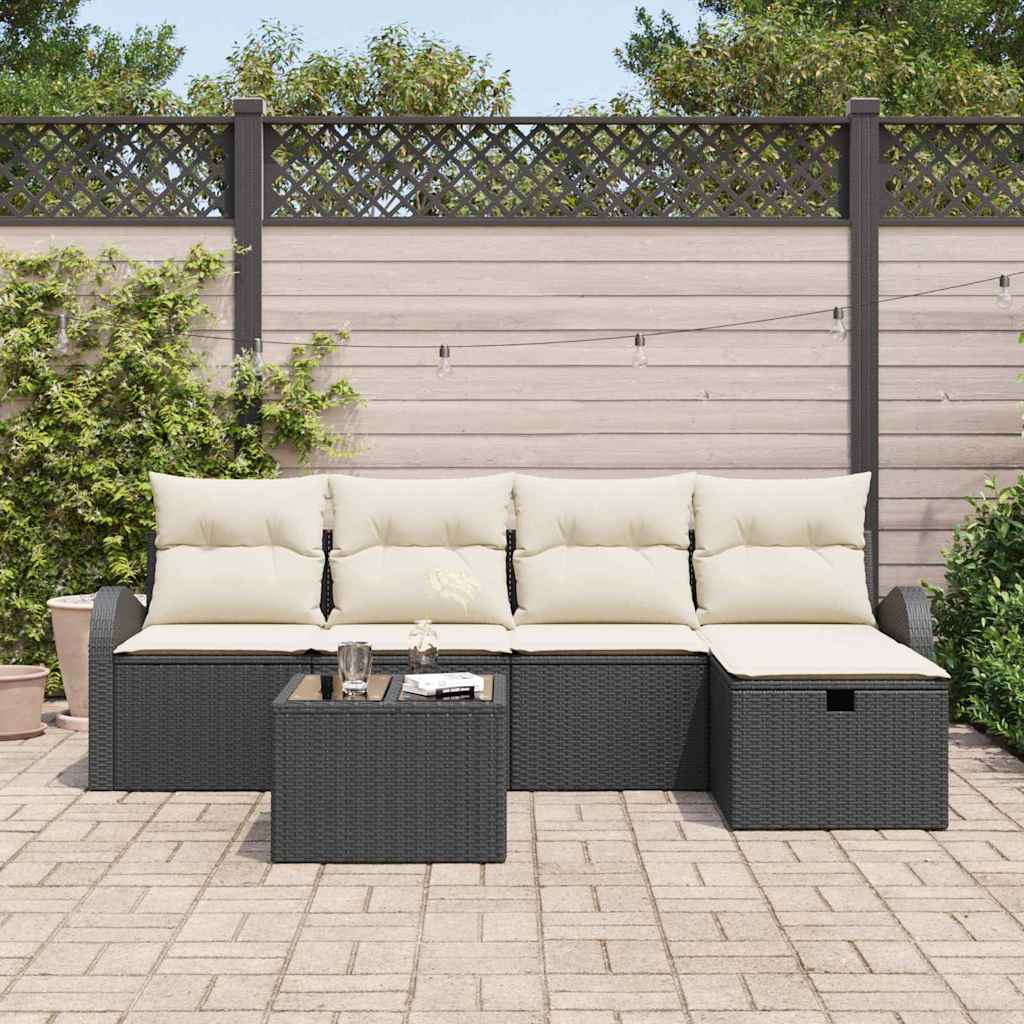 vidaXL 6-delige Tuinbankenset met kussens poly rattan zwart