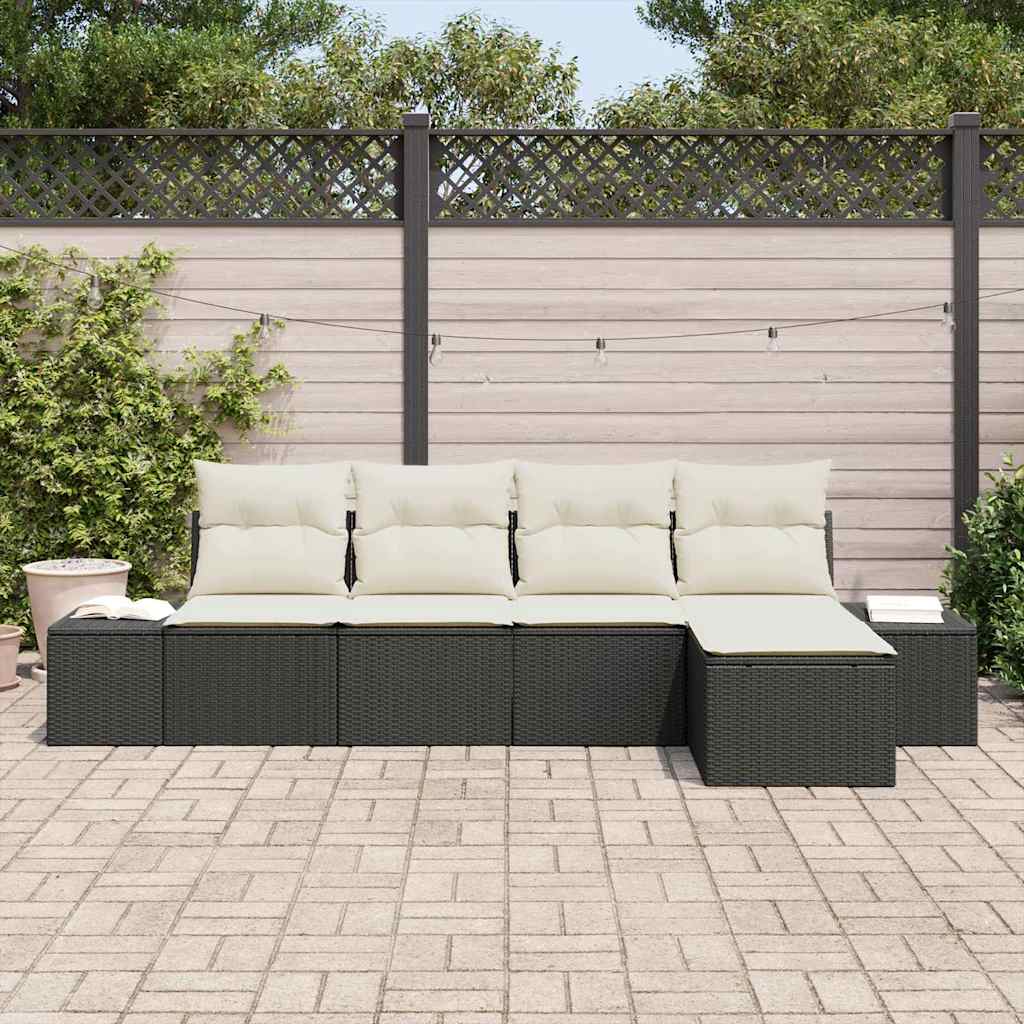 vidaXL 5-delige tuinsalonset met kussens in zwart poly rattan