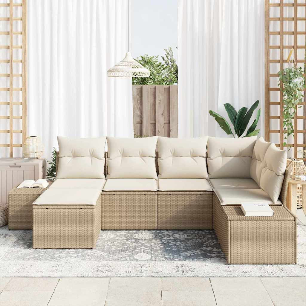 vidaXL 6-delige Tuinbankenset met kussens poly rattan beige