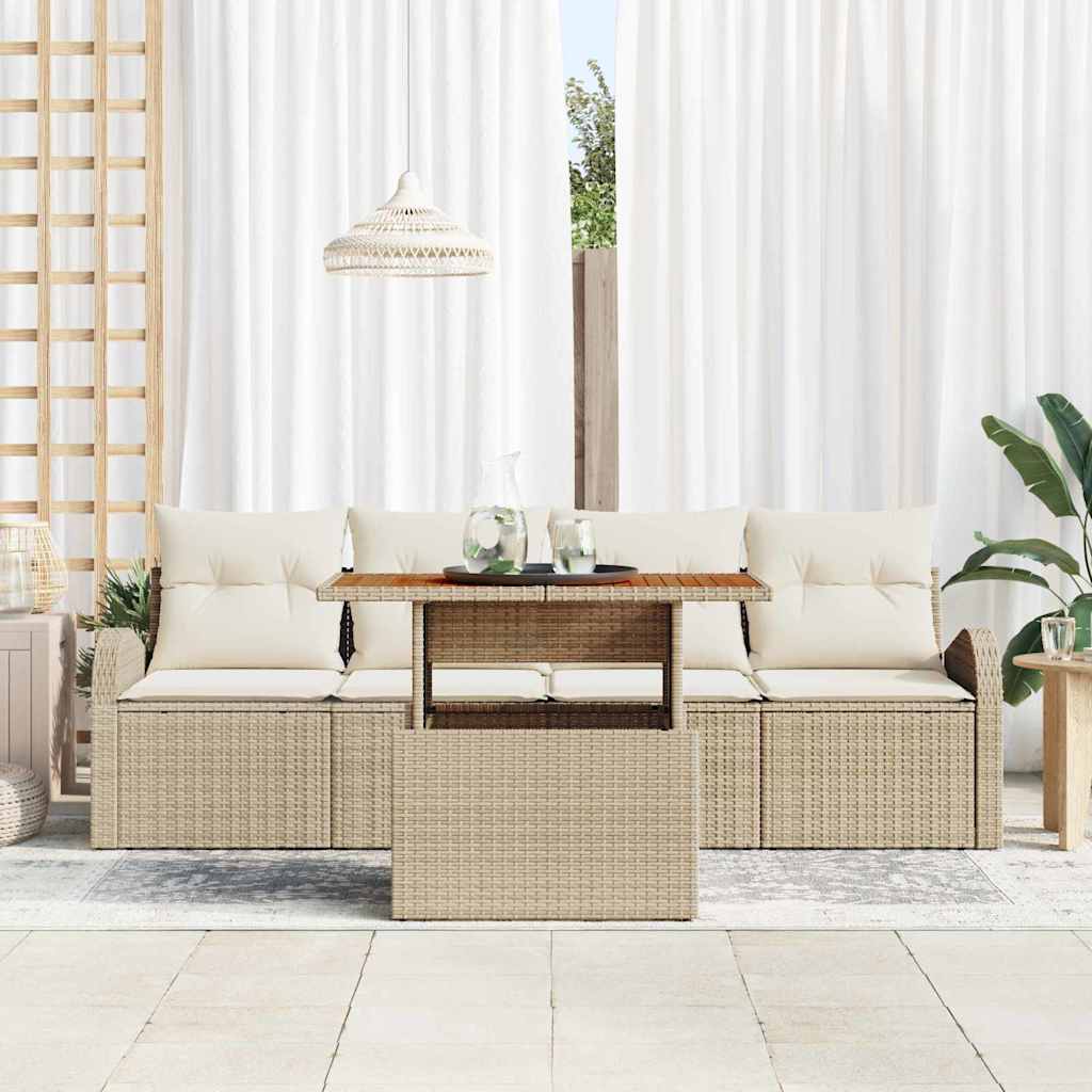vidaXL 5-delige tuinset met kussens in beige poly rattan en acacia