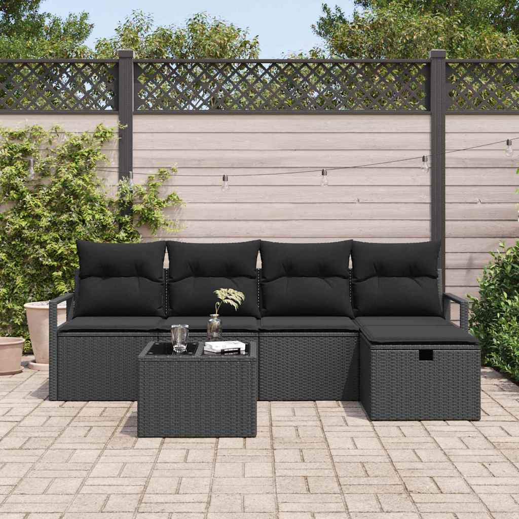 vidaXL 6-delige tuinbankset met kussens in zwart poly riet