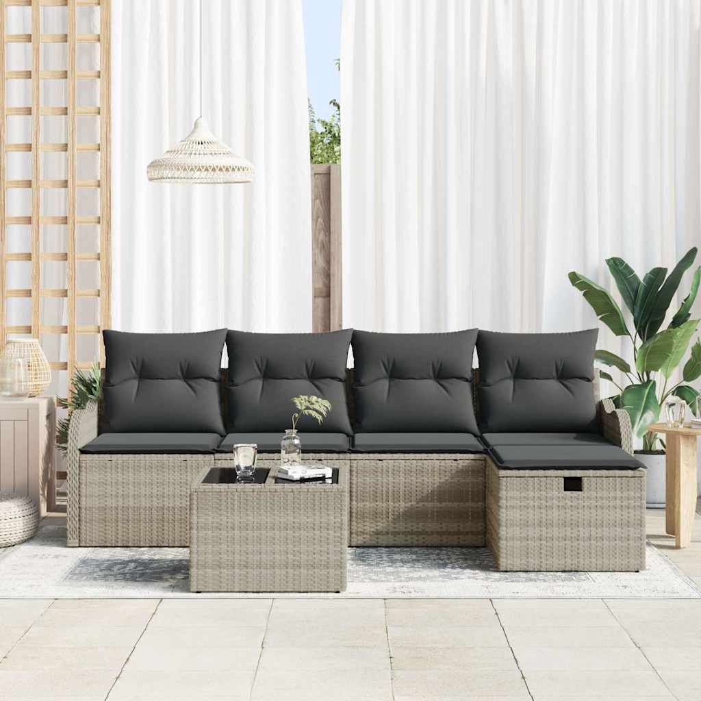 vidaXL 6-delige Tuinbankenset met kussens poly rattan lichtgrijs