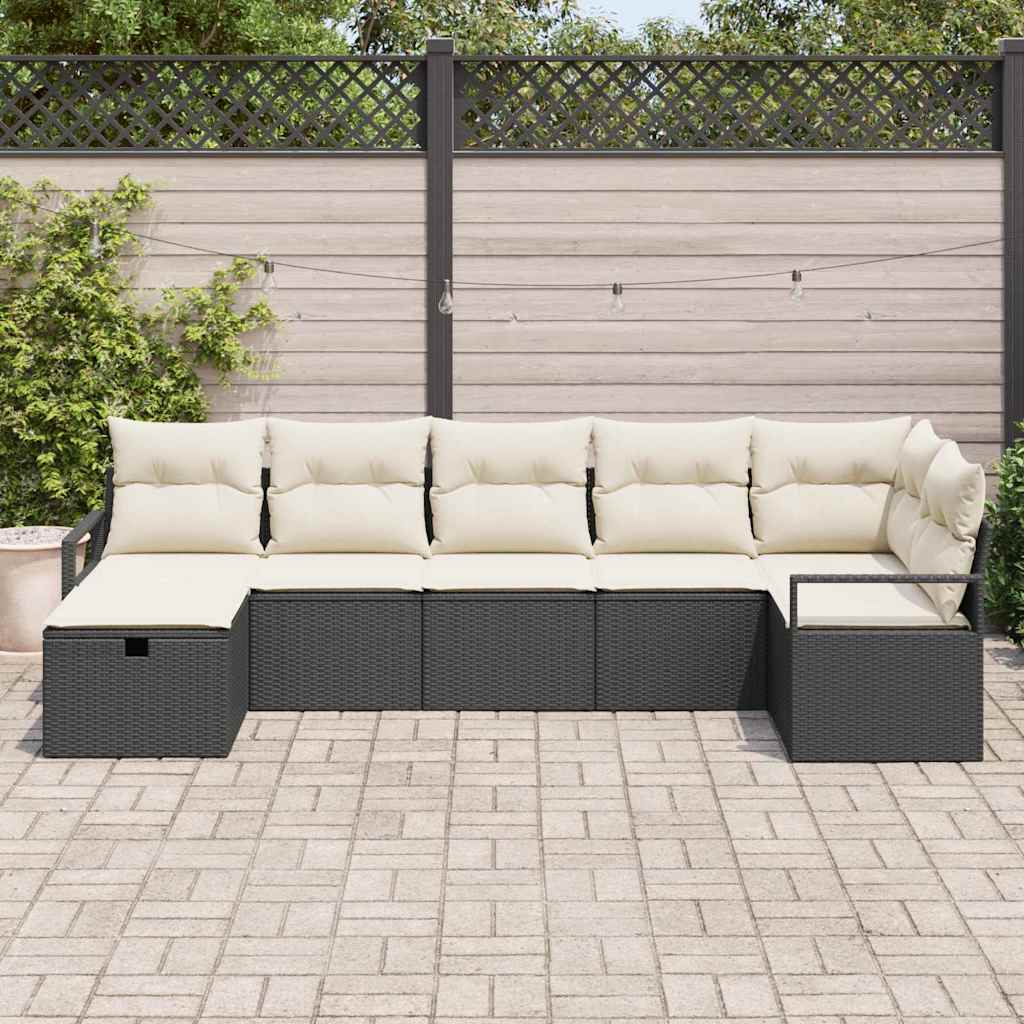 vidaXL 7-delige Tuinbankenset met kussens poly rattan zwart