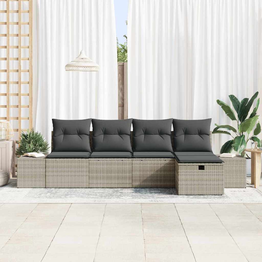 vidaXL 5-delige Tuinbankenset met kussens poly rattan lichtgrijs