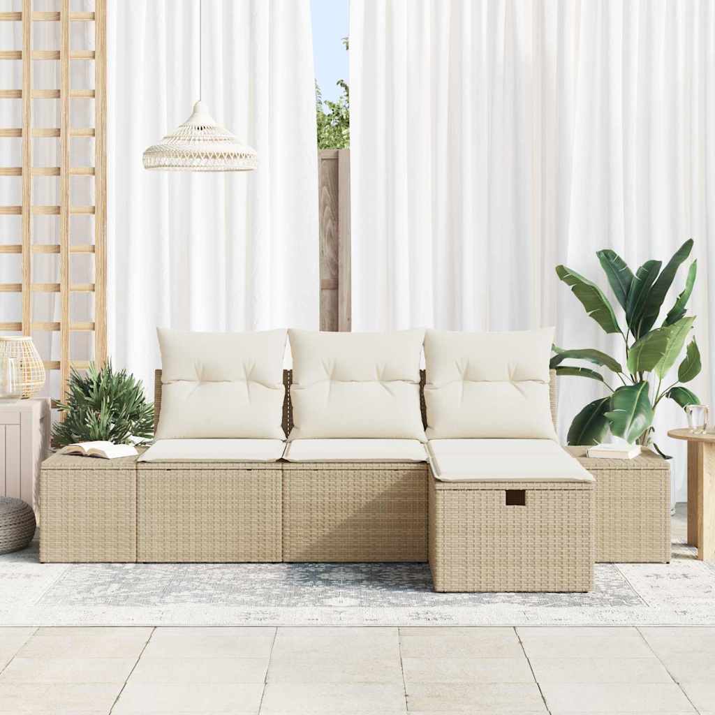 vidaXL 4-delige Tuinbankenset met kussens poly rattan beige