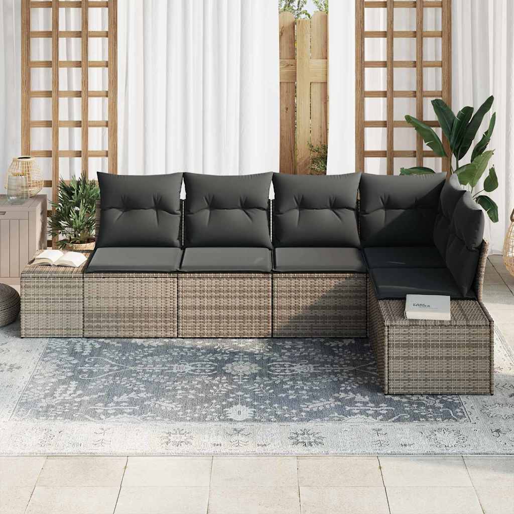 vidaXL 5-delige tuinset met kussens in grijskleurig poly rattan