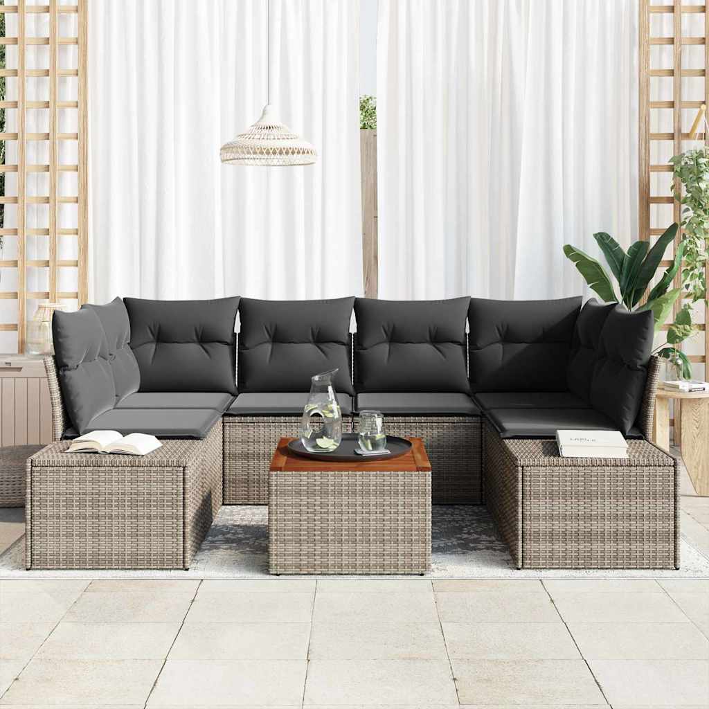 vidaXL 7-delige tuinset met kussens in grijs poly riet en acacia