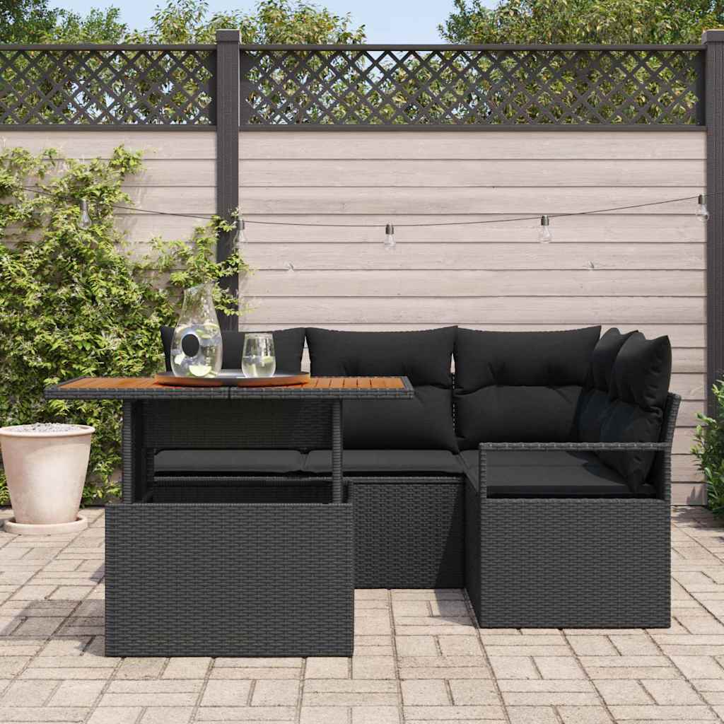 vidaXL 5-delige tuinsofa set met kussens zwart poly rattan en acacia
