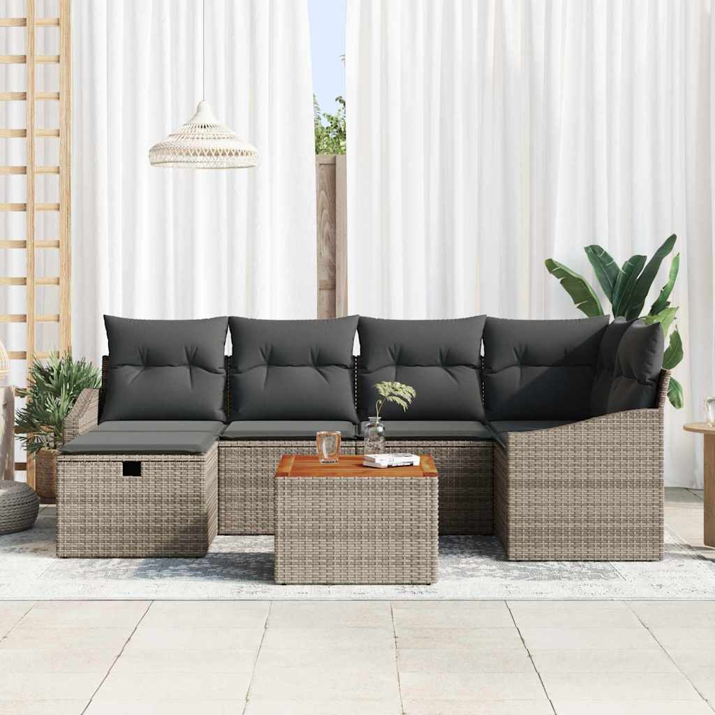 vidaXL 7-delige tuinset met kussens in grijs poly rattan