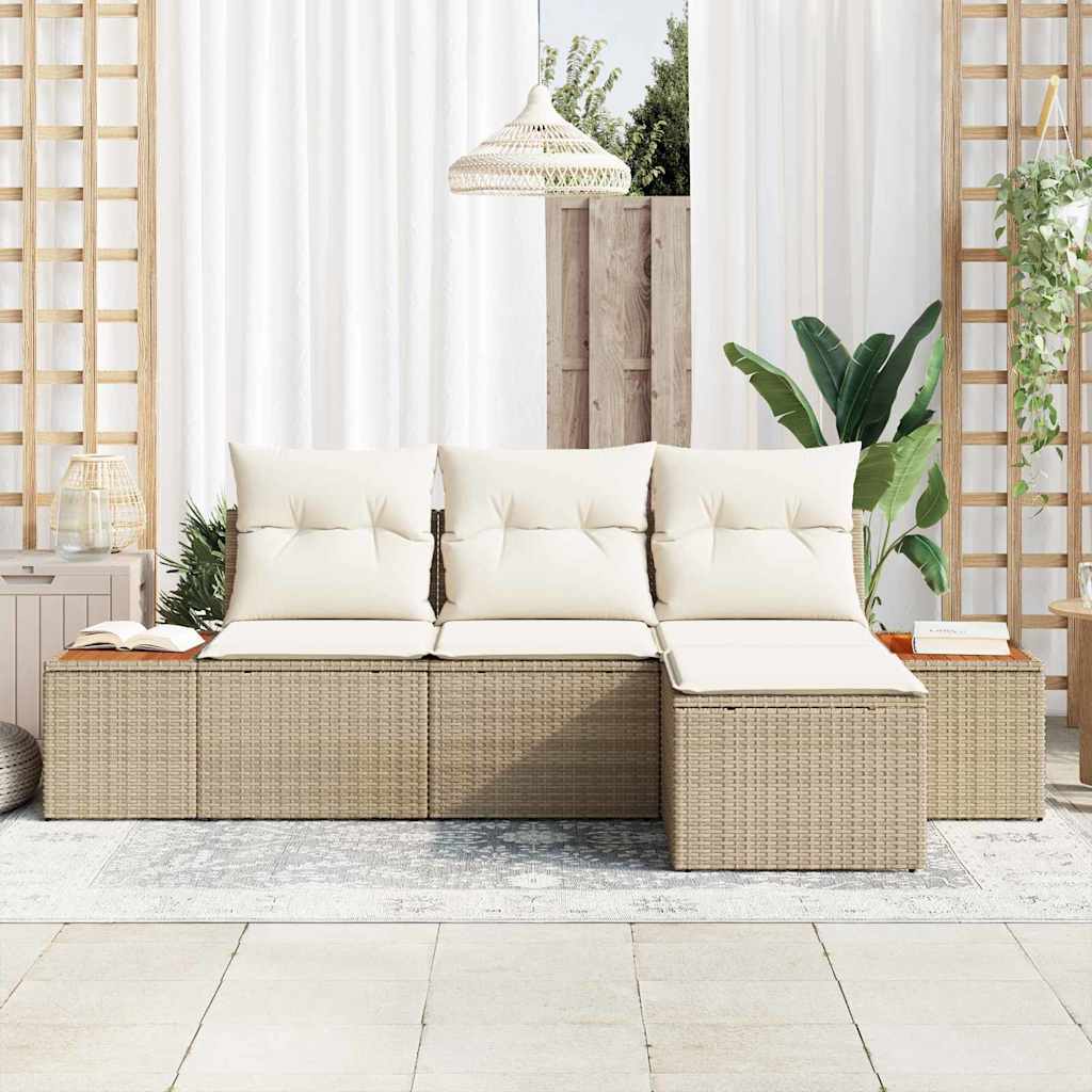 vidaXL 4-delige tuinset met kussens - Beige Poly Rattan en Acacia