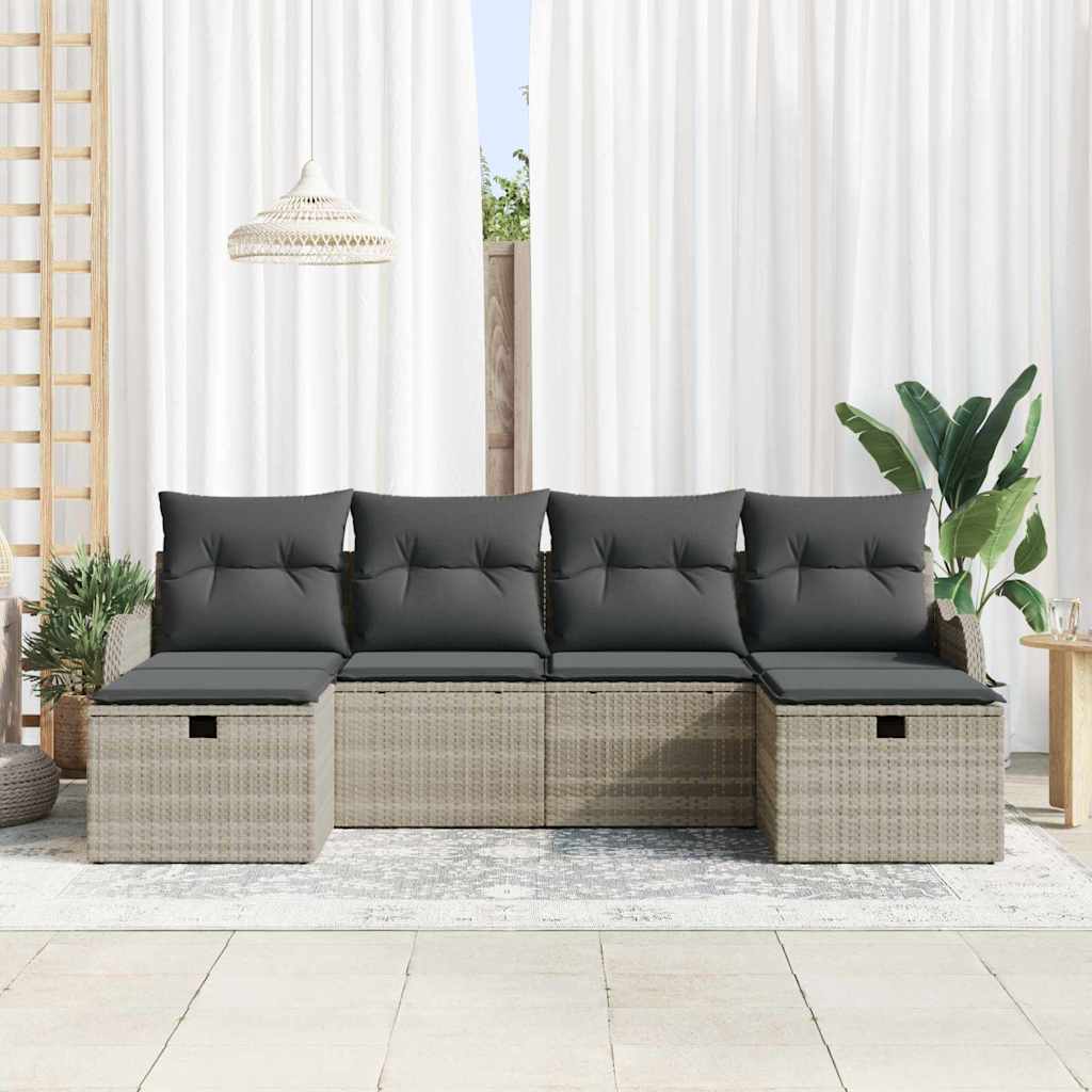vidaXL 6-delige Tuinbankenset met kussens poly rattan lichtgrijs