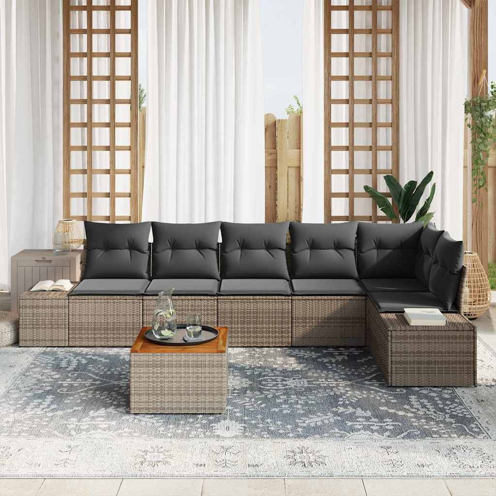 vidaXL 7-delige tuinset met kussens, grijs poly rattan en acacia