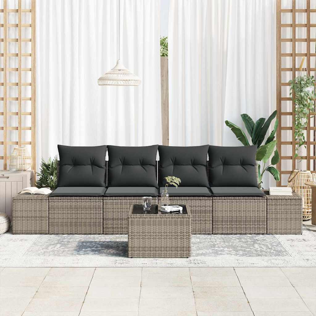 vidaXL 5-delige tuinsofa set met kussens in het grijs van poly rattan