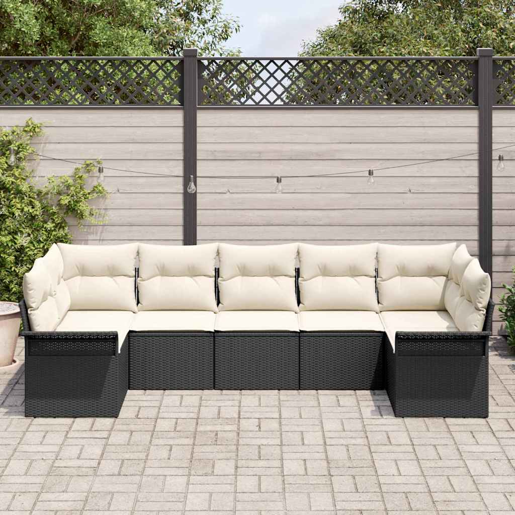 vidaXL 7-delige tuinhoekbankset met kussens in zwart poly rattan