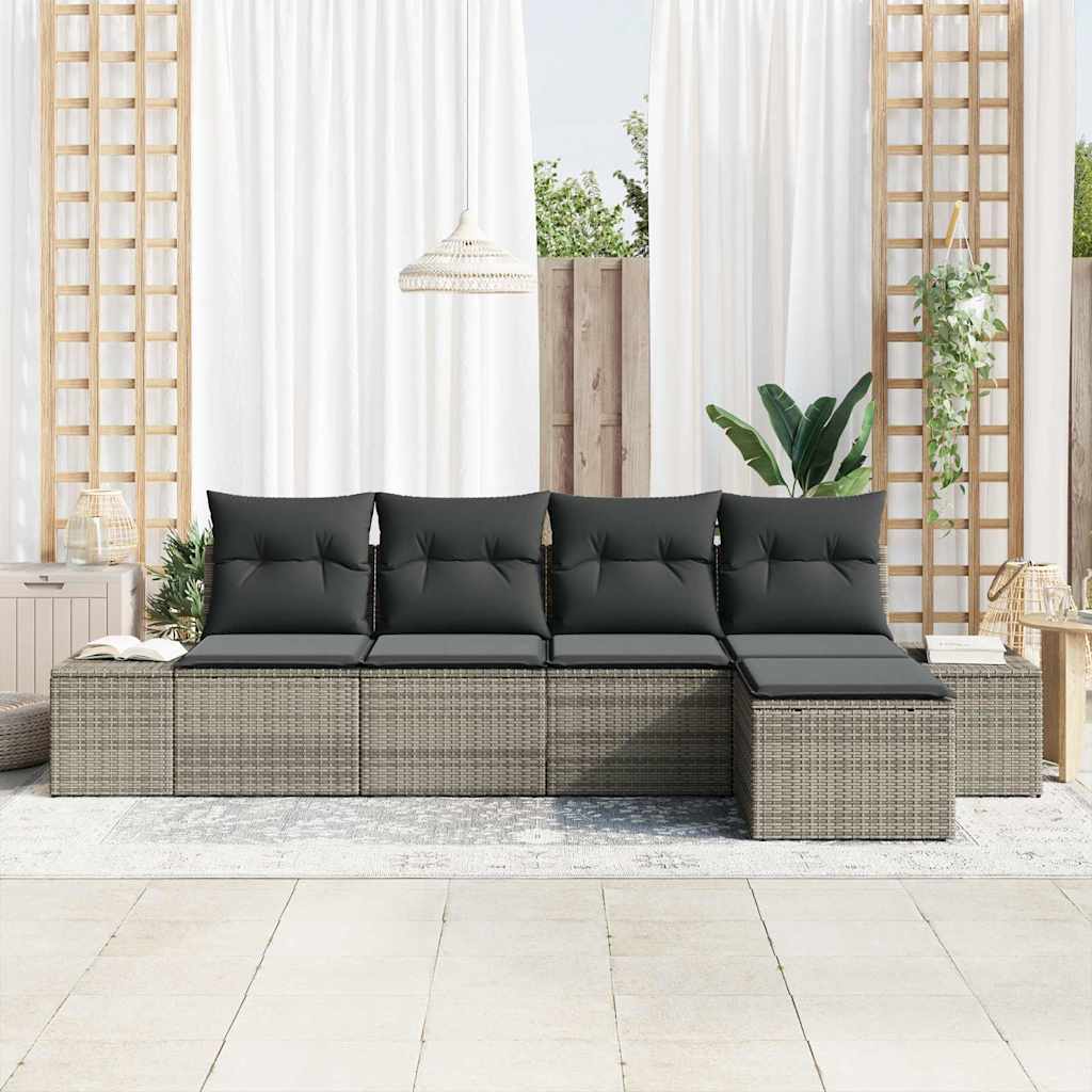 vidaXL 5-delige tuinsofa set met kussens, grijs poly riet