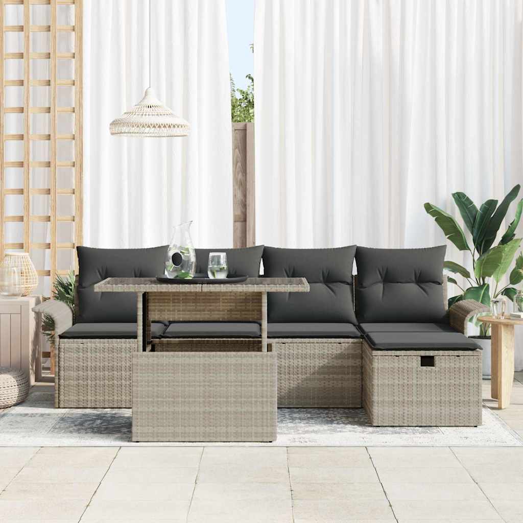 vidaXL 6-delige tuinbankset met kussens lichtgrijs poly rattan