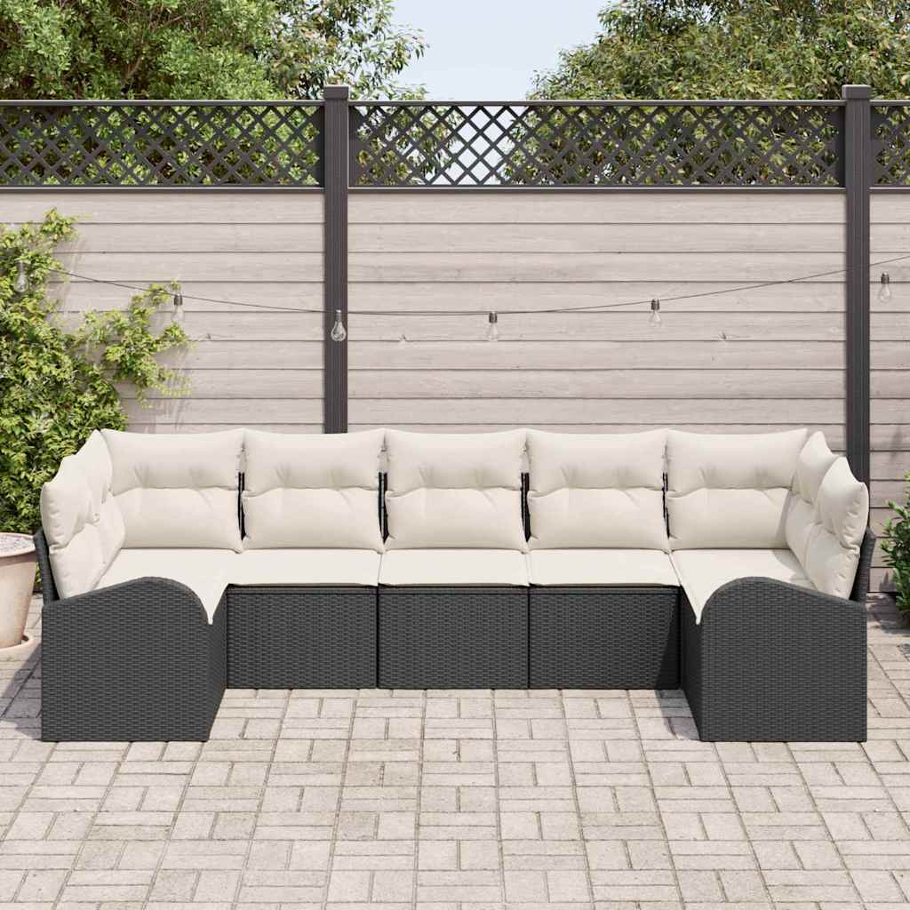 vidaXL 7-delige Tuinbankenset met kussens poly rattan zwart