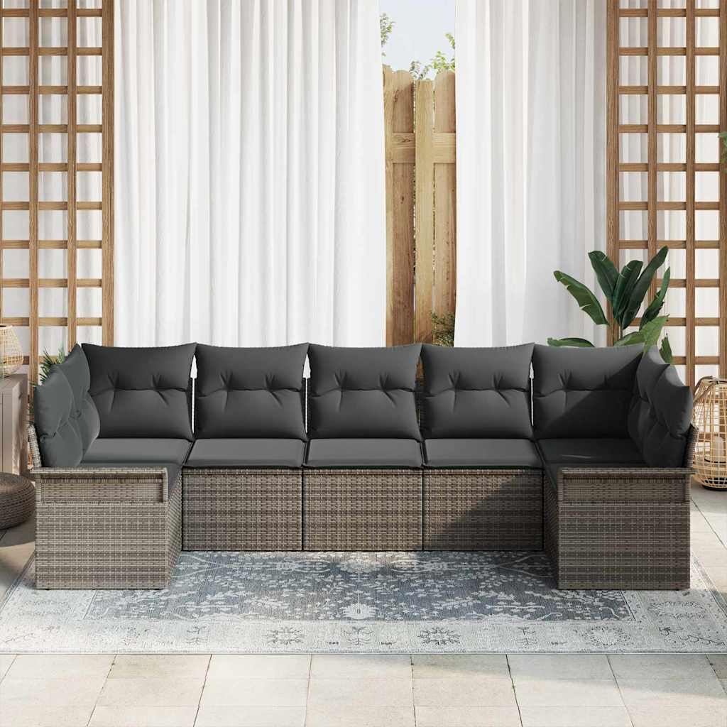 vidaXL 7-delige tuinset met kussens - Grijs poly rattan
