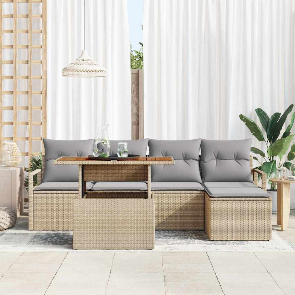 vidaXL 6-delige tuinsofaset met kussens in beige poly rattan
