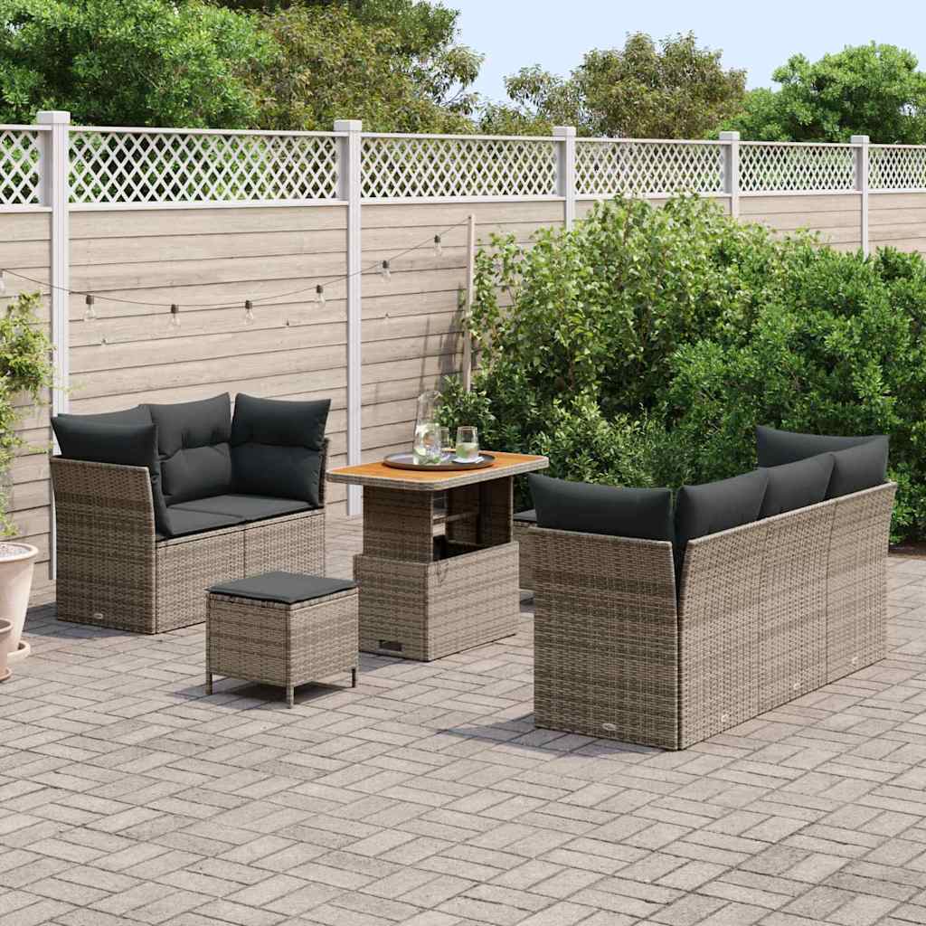 vidaXL 8-delige tuinbankset met kussens in grijs poly rattan en acacia.