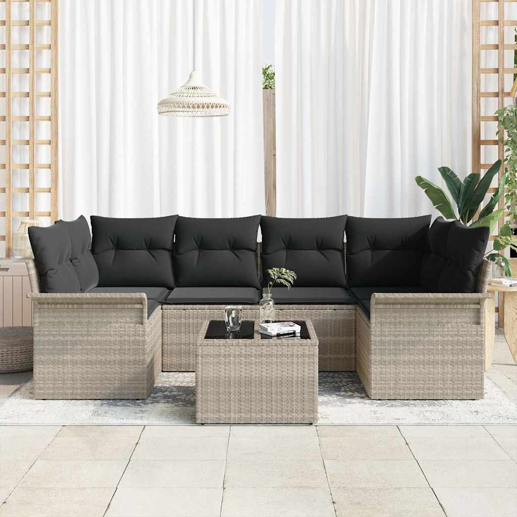 vidaXL 7-delige tuinsofaset met kussens lichtgrijs poly rattan