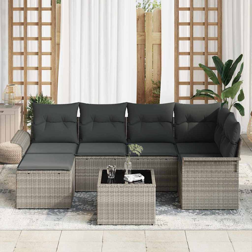 vidaXL 7-delige Tuinbankenset met kussens poly rattan grijs