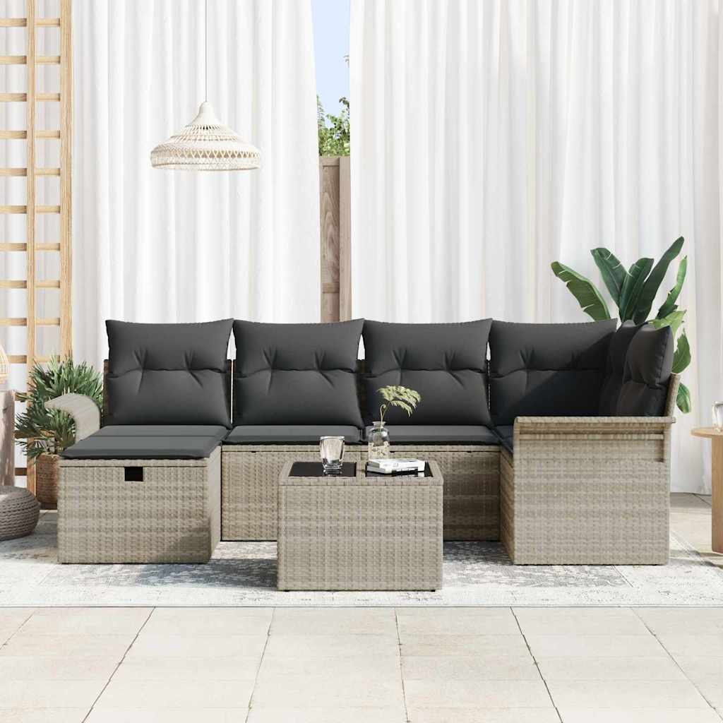 vidaXL 7-delige tuinbank set met kussens in lichtgrijs poly rattan