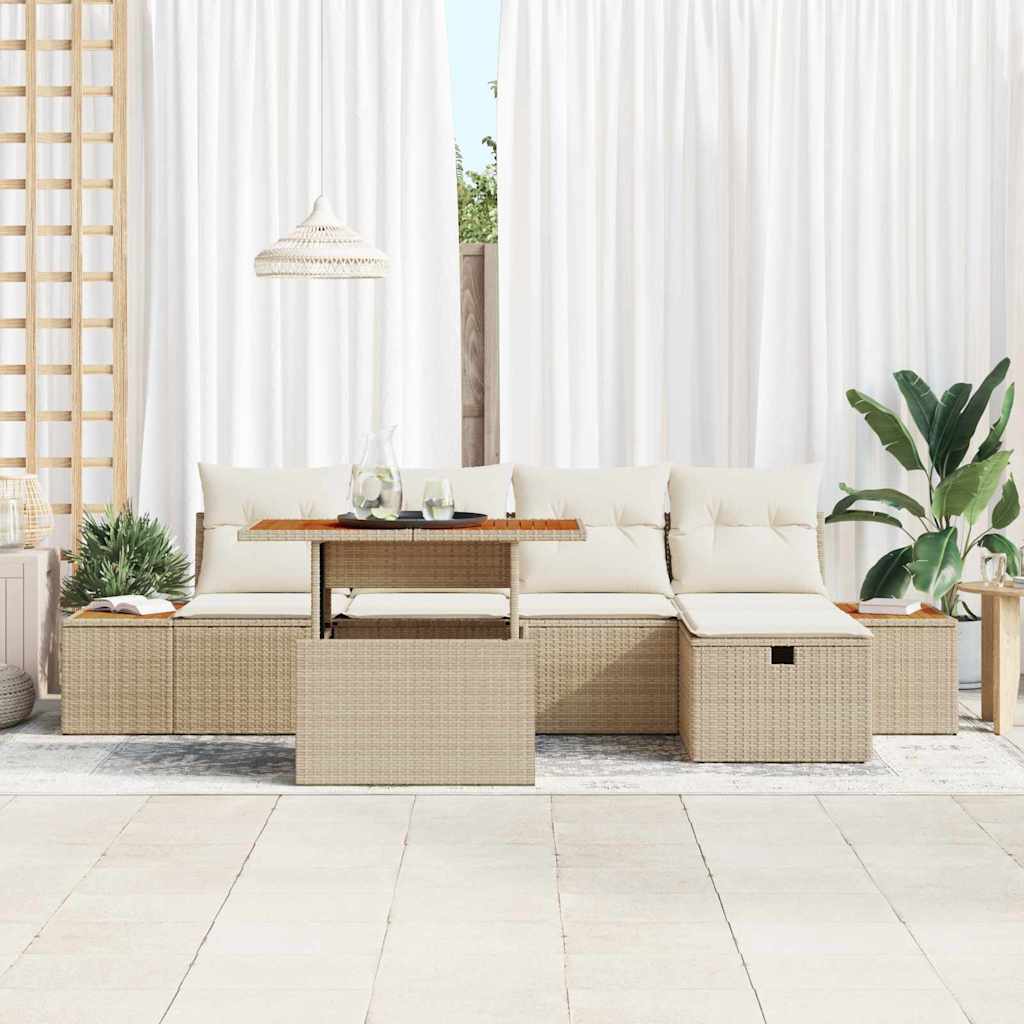 vidaXL 6-delige Tuinbankenset met kussens poly rattan beige