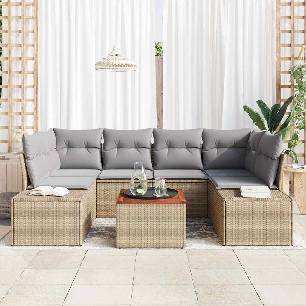 vidaXL 7-delige tuinsofa set met kussens in Beige van Poly Rattan en Acacia