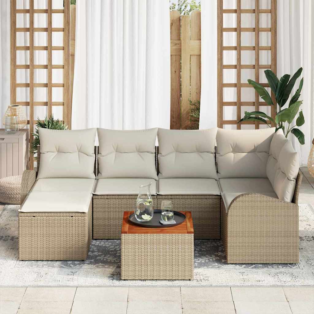 vidaXL 7-delige Tuinbankenset met kussens poly rattan acaciahout beige