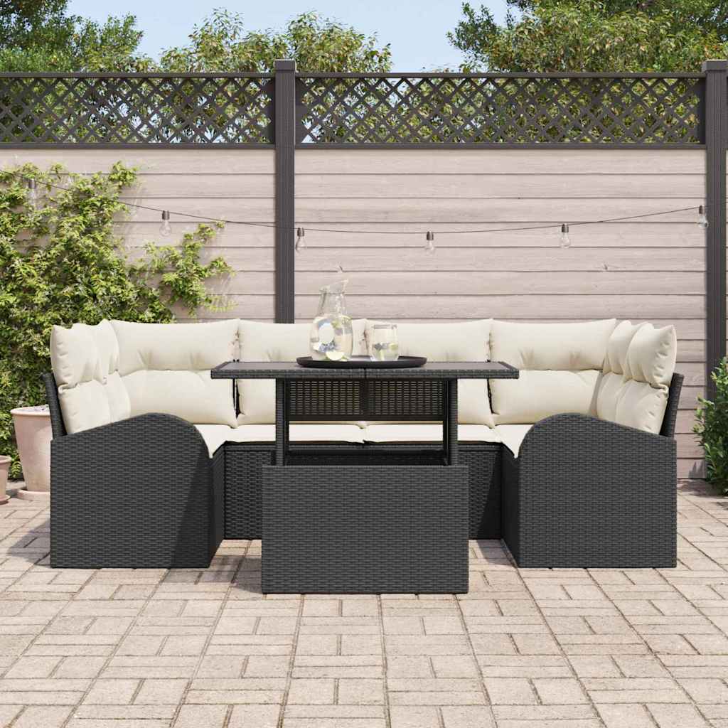 vidaXL 7-delige set van tuinstoelen met kussens in zwart poly rattan