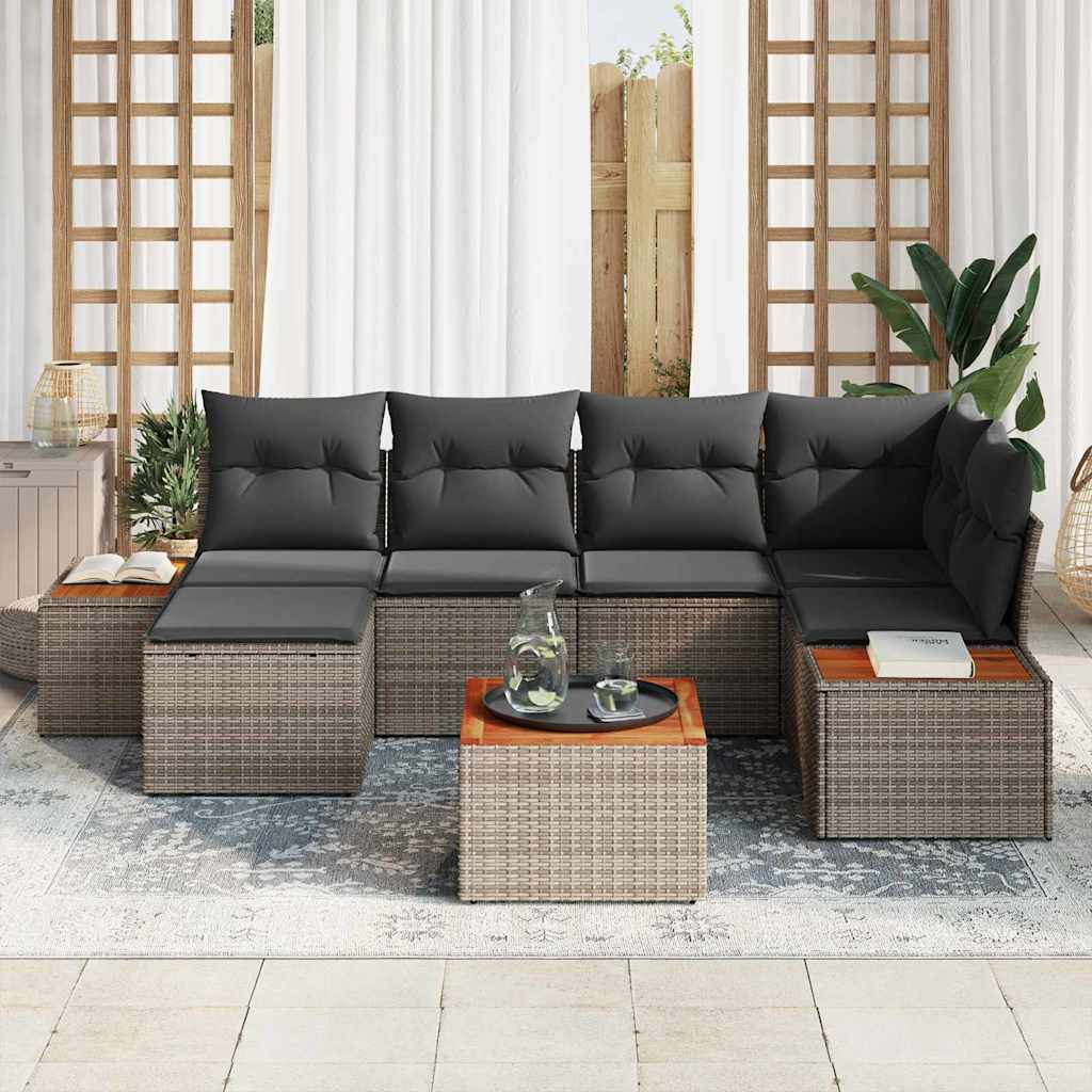 vidaXL 7-delige tuinset met kussens - Grijs - Poly Rattan - Acacia
