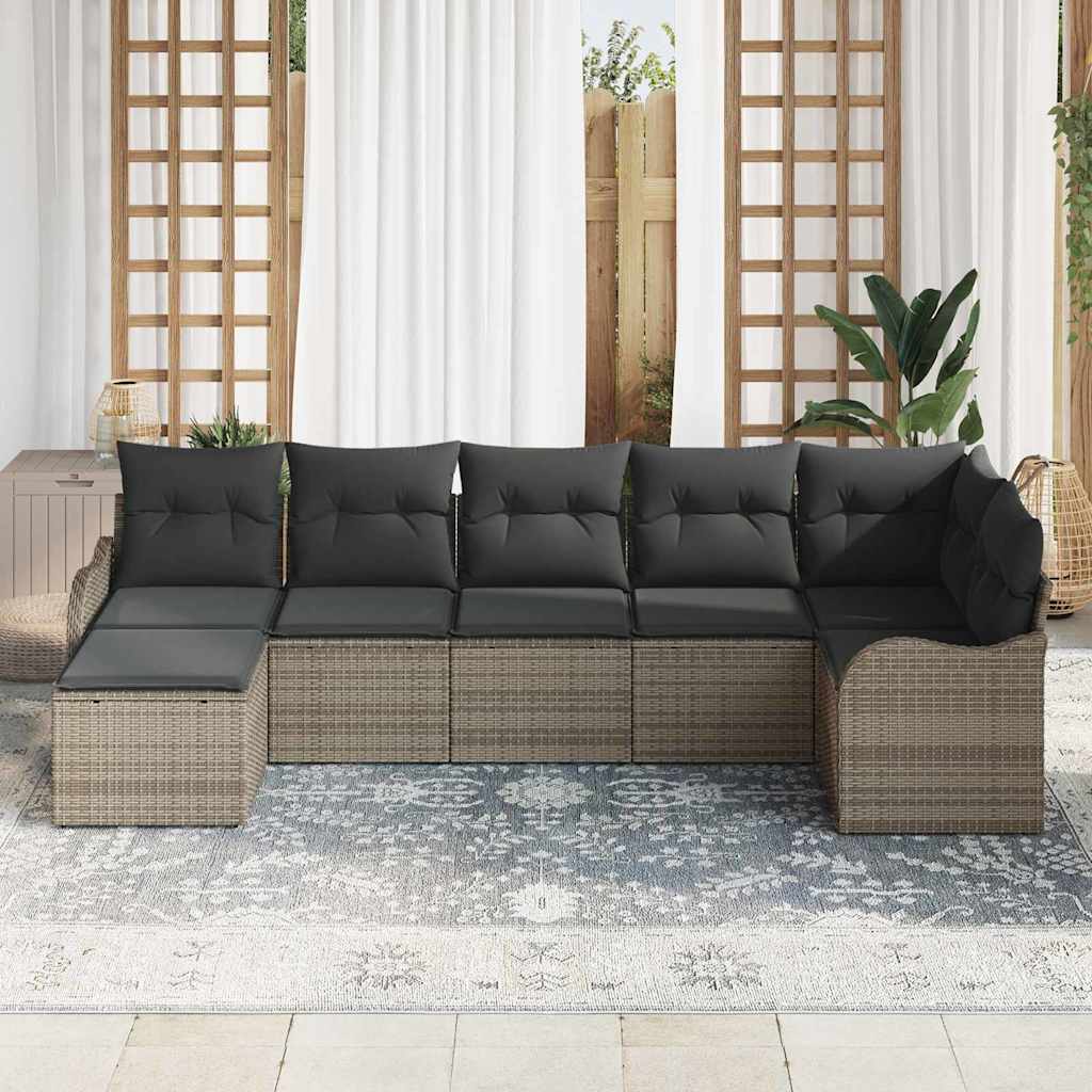vidaXL 7-delige Tuinbankenset met kussens poly rattan grijs