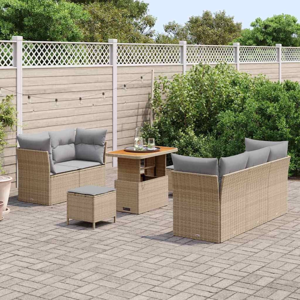 vidaXL 8-delige tuinset met kussens in beige van poly rattan en acaciahout