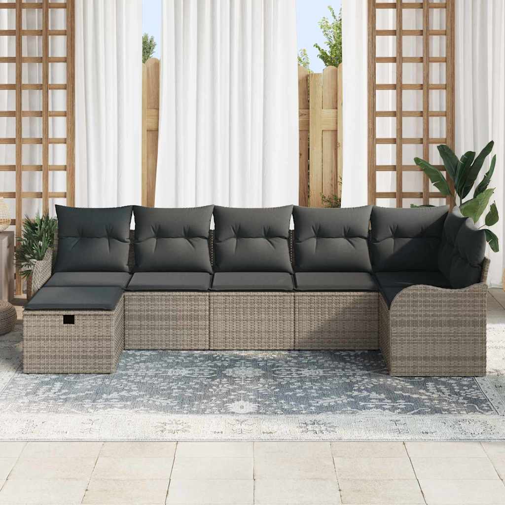 vidaXL 7-delige tuinset met kussens in grijs poly rattan
