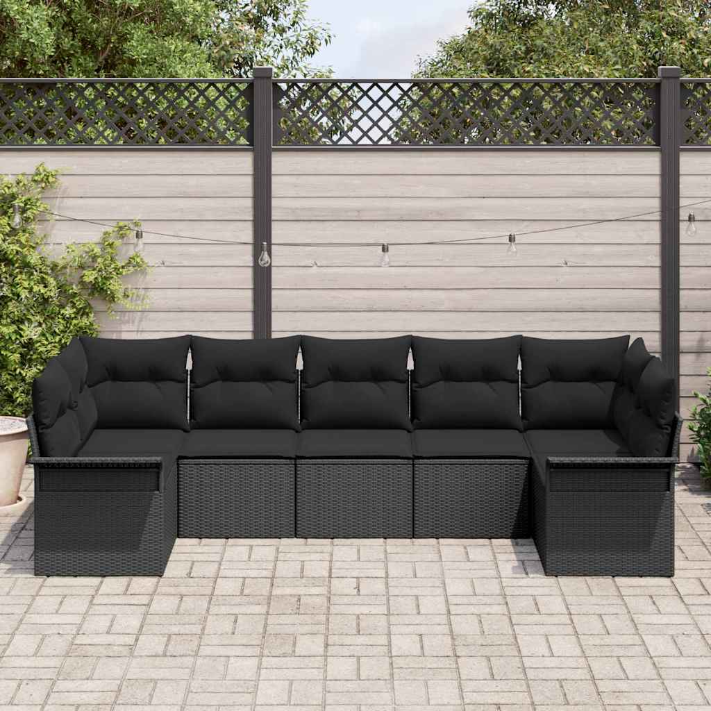 vidaXL 7-delige tuinset met kussens in zwart poly riet