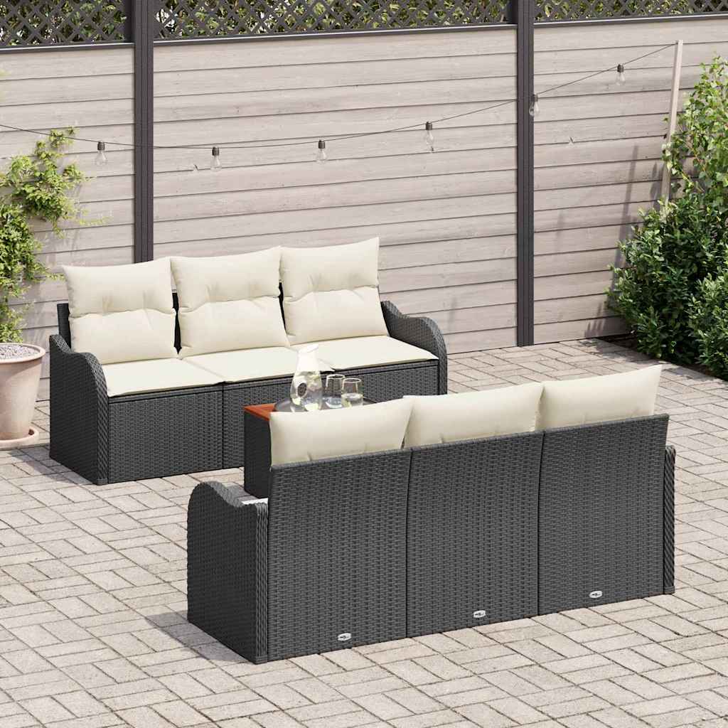 vidaXL 7-delige tuinbank set met kussens in zwart poly rattan en acacia.