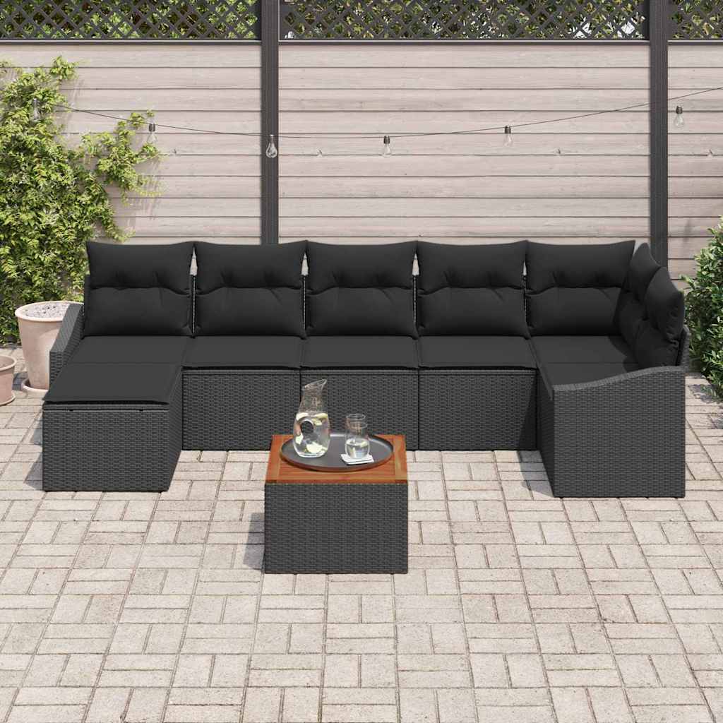 vidaXL 8-delige tuinsofa set met kussens in zwart poly rattan en acacia