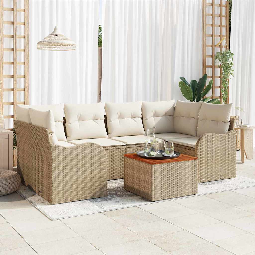 vidaXL 7-delige tuinsofa set met kussens in beige van poly riet en acacia
