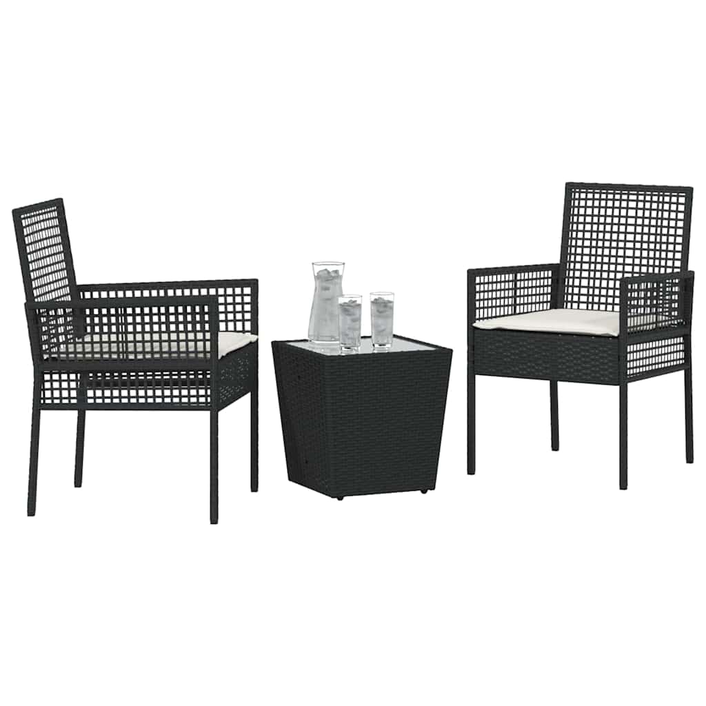 vidaXL 3-delige bistroset voor in de tuin met kussens - zwart poly riet