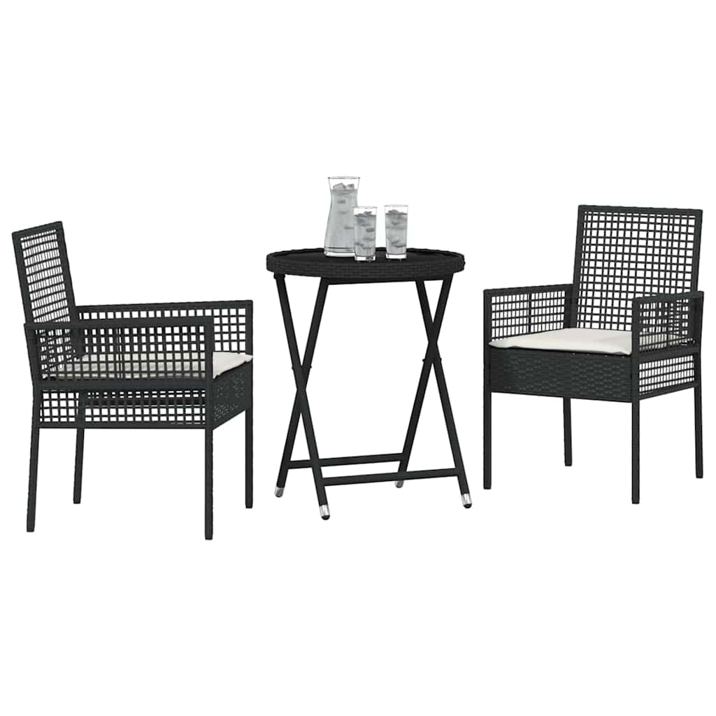 vidaXL 3-delige Bistro Set voor in de Tuin met Kussens - Zwart Poly Rattan