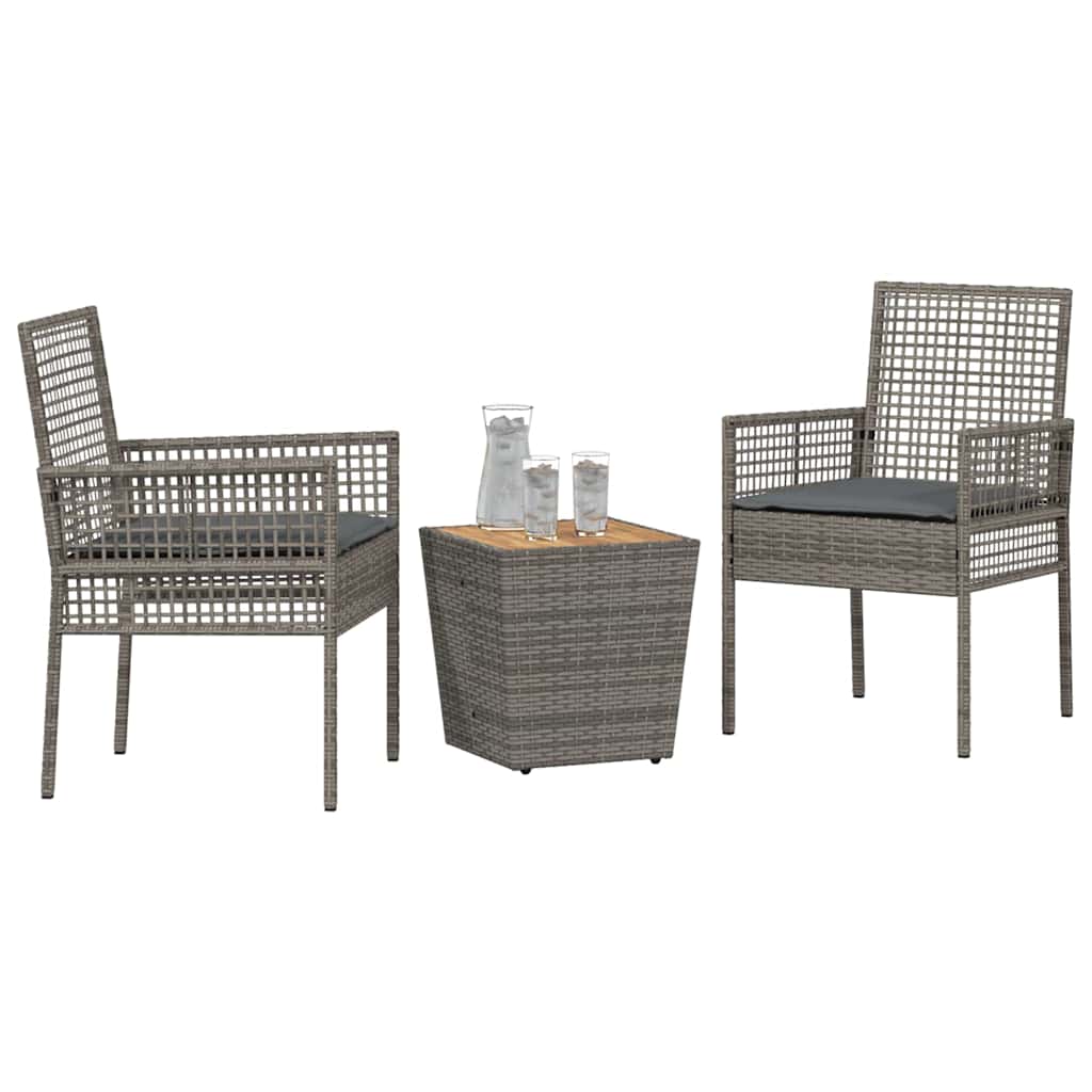 vidaXL 3-delige Bistroset voor in de tuin met kussens - Grijs Poly Rattan