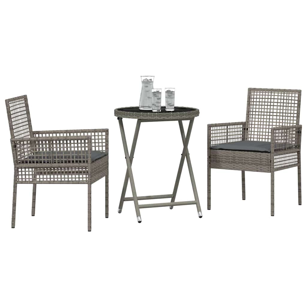 vidaXL 3-delige Tuin Bistro Set met Kussens in Grijs Poly Rattan