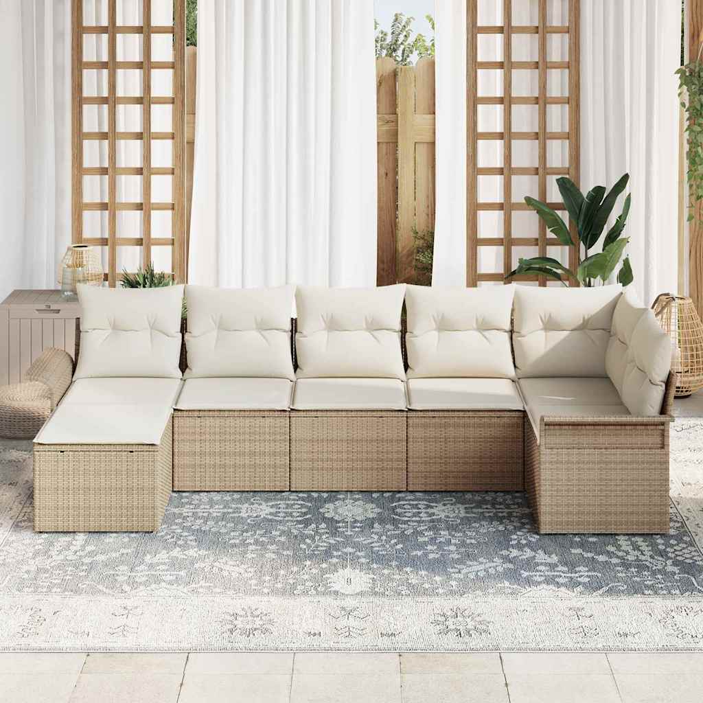 vidaXL 7-delige tuinsofa set met kussens in beige van poly rattan