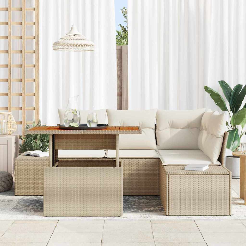 vidaXL 5-delige tuinbankset met kussens in beige poly rattan