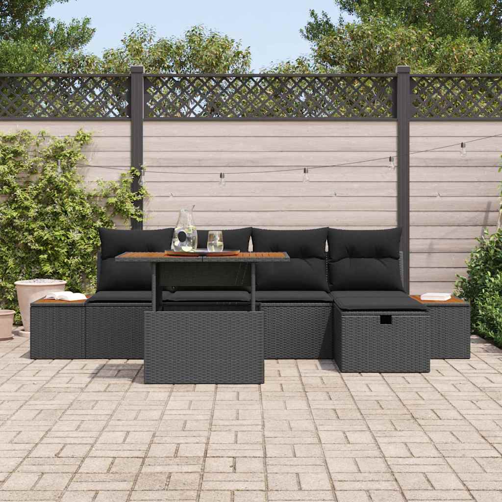 vidaXL 6-delige tuinbankset met kussens zwart poly rattan