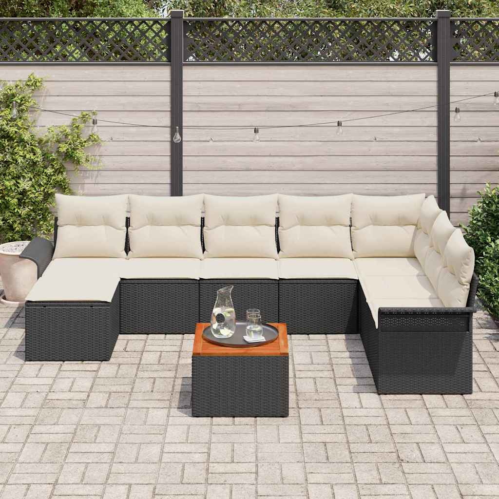 vidaXL 9-delige tuinset met kussens in zwart poly riet en acacia