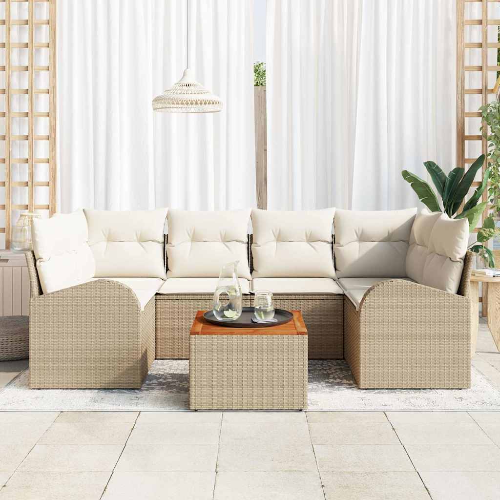 vidaXL 7-Persoons Tuinbank Set met Kussens in Beige Poly Rattan en Acacia